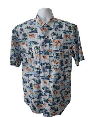 IZOD Saltwater Floral Hawaiian Shirt Mens Blue LT Coastal Resort Button Down